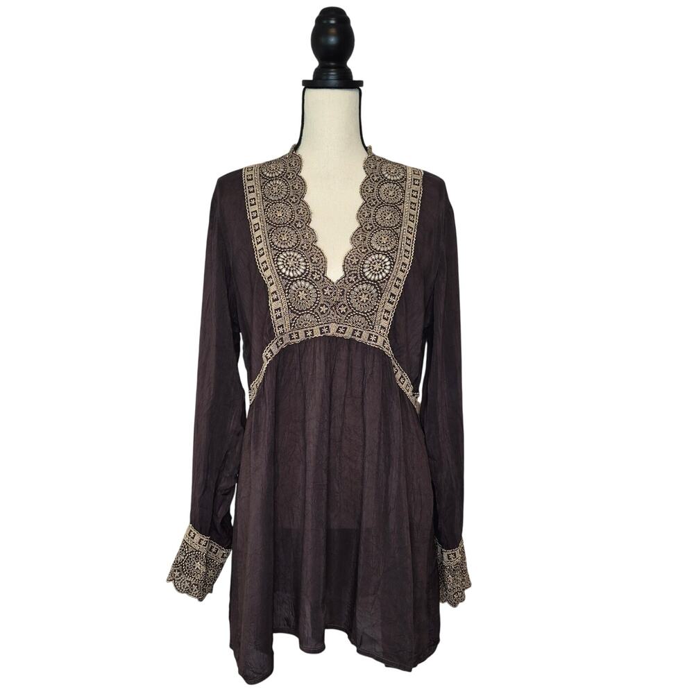 Johnny Was Boho Chocolate Brown Embroidered Crochet Lace Trim Tunic Top Size L
